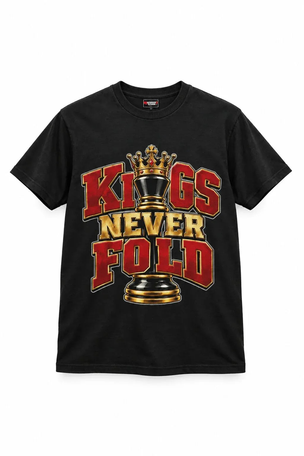 Black Kings Never Fold graphic T-shirt with red, gold, and black chess king design